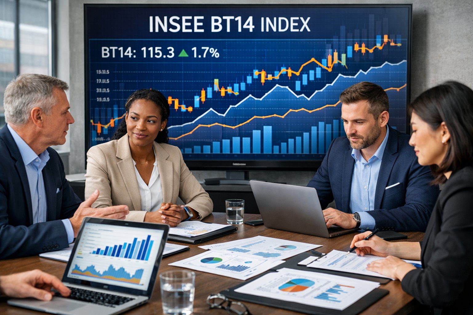 Des professionnels en réunion autour d'une table avec des graphiques et des ordinateurs, discutant de données économiques dans une salle de conférence moderne.
