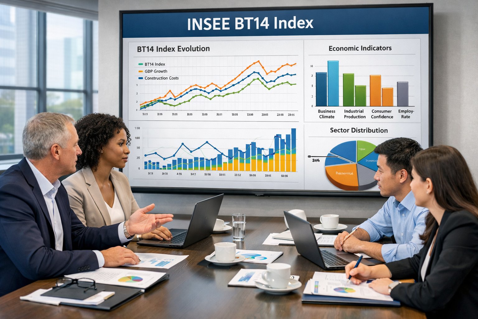 Un groupe de professionnels en réunion dans un bureau moderne, examinant des graphiques économiques affichés sur un écran.