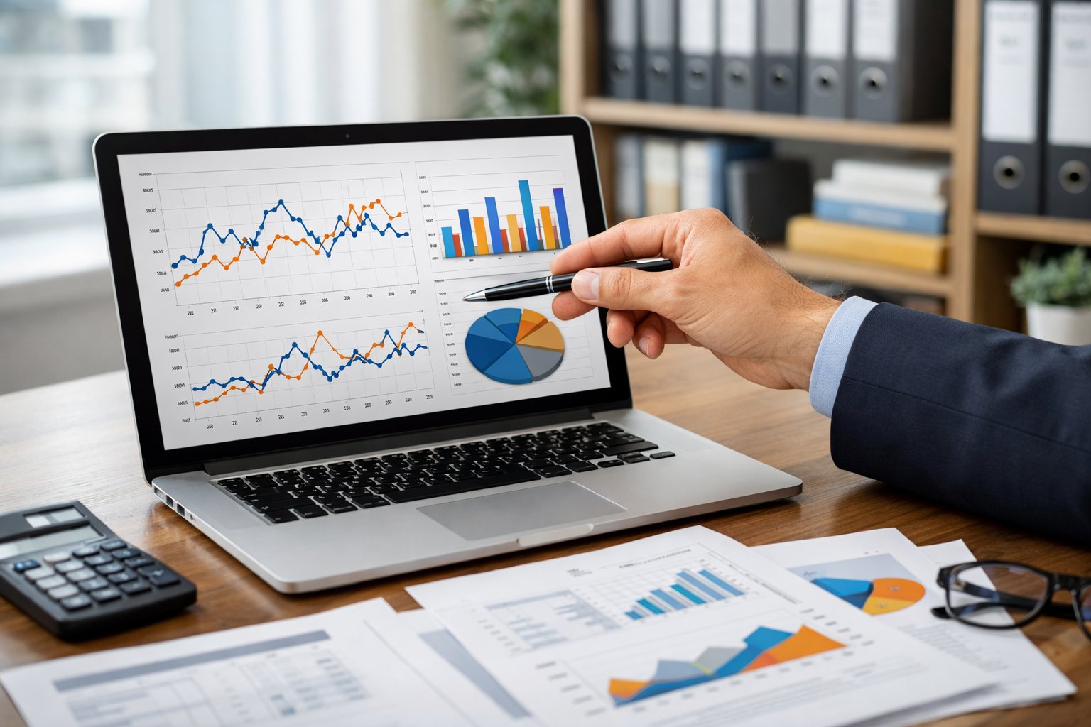 Une personne en tenue professionnelle analysant des graphiques financiers sur un ordinateur portable dans un bureau moderne bien éclairé.