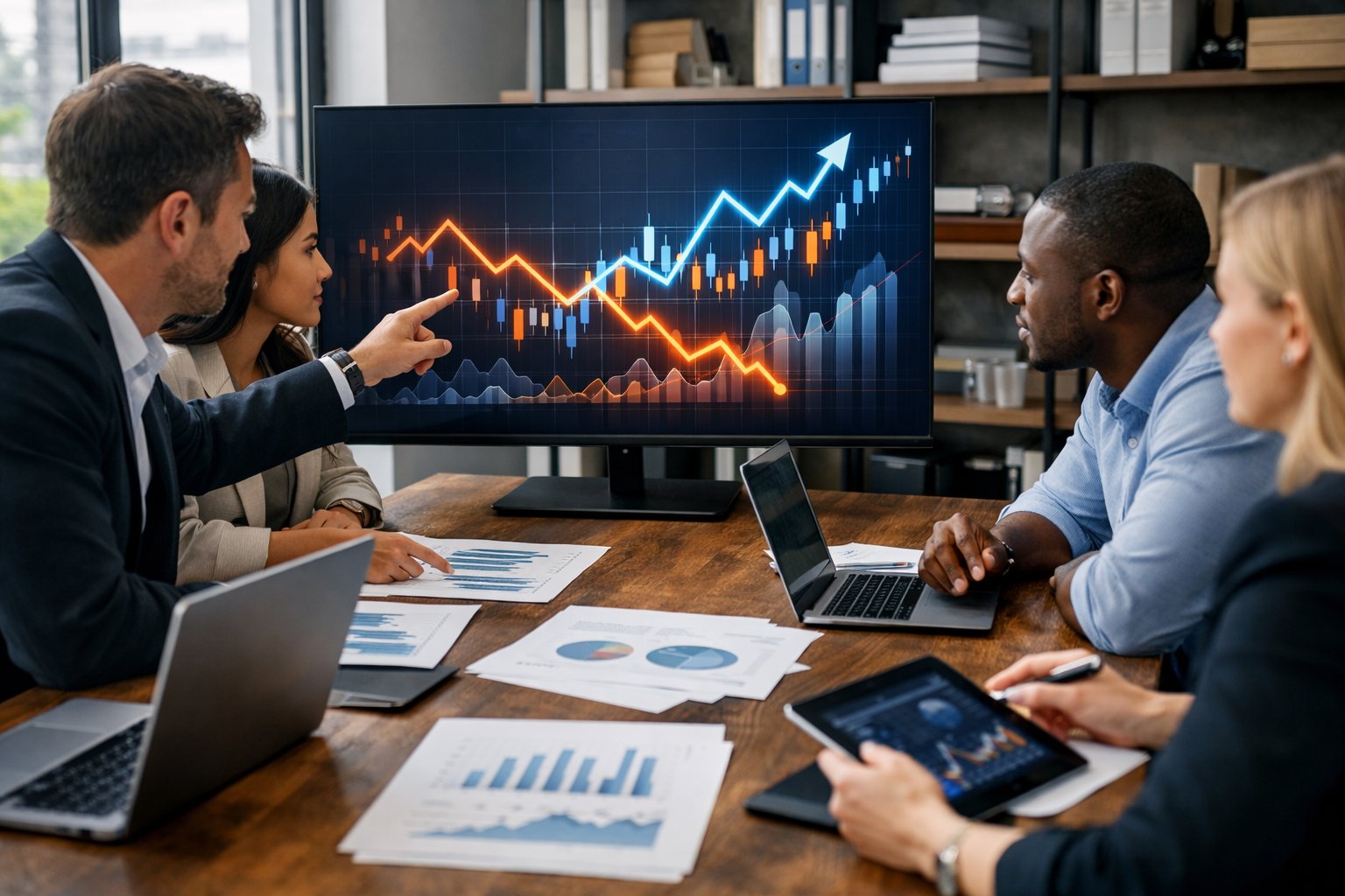 Des professionnels en réunion autour d'une table avec des ordinateurs et des graphiques financiers, analysant des données économiques dans un bureau lumineux.