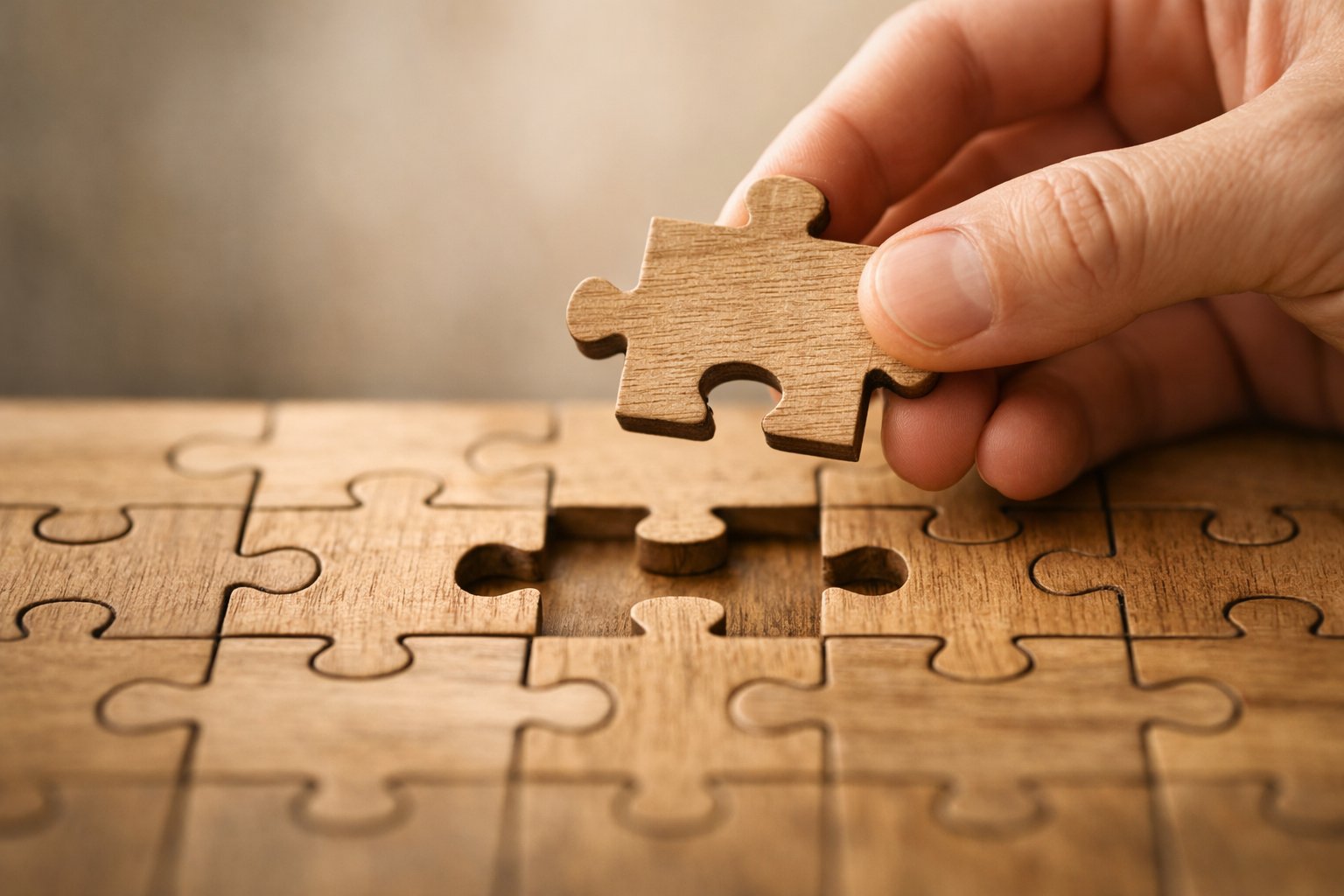 Ruka drži jedan komad slagalice koji se uklapa u većinom složenu slagalicu.