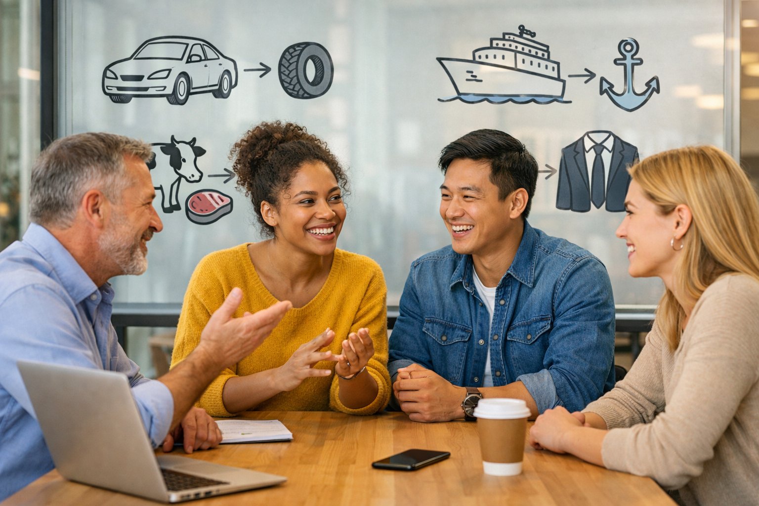 Grupa ljudi u uredu razgovara i raspravlja o jeziku, s prikazom simbola dijelova i cjeline na staklenoj ploči u pozadini.