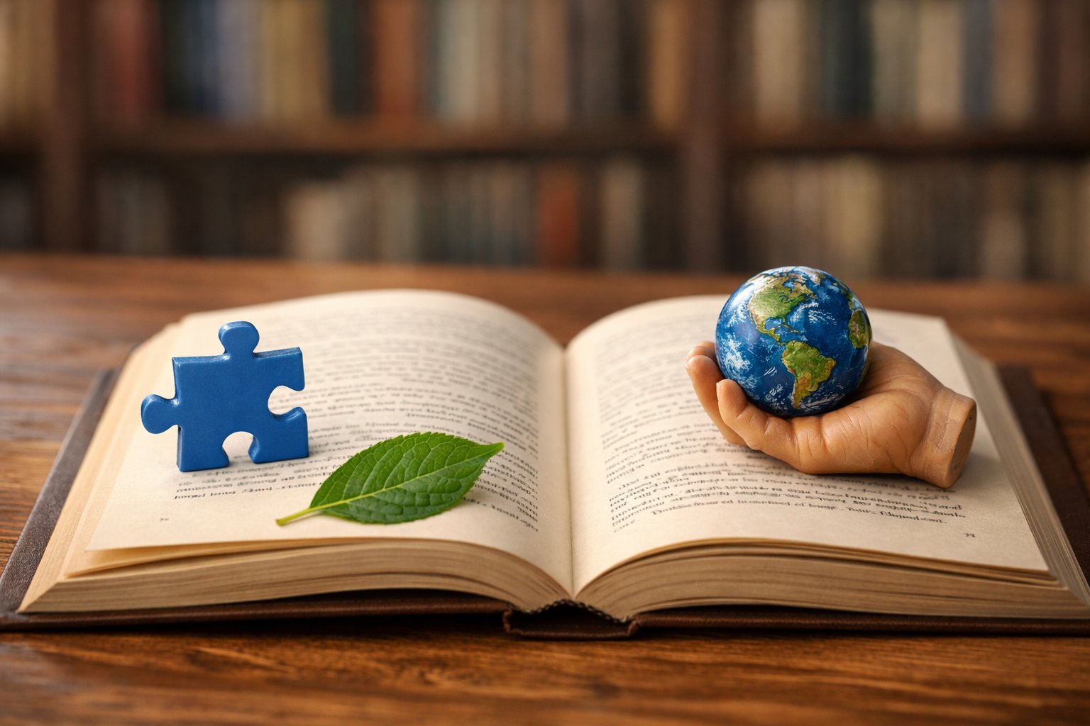 Otvorena knjiga na drvenom stolu okružena simbolima dijelova i cjeline, poput puzzla, ruke koja drži globus i lista s grane.