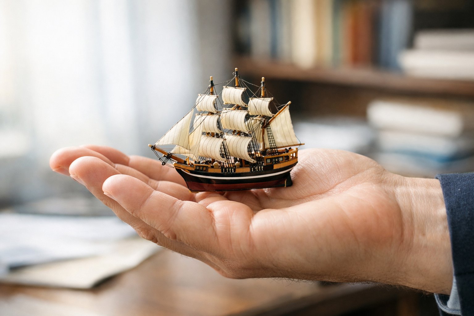 Ruka drži mali model broda u uredu s knjigama u pozadini.