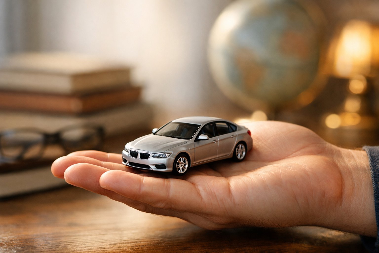 Ruka drži mali model automobila na zamagljenoj pozadini.