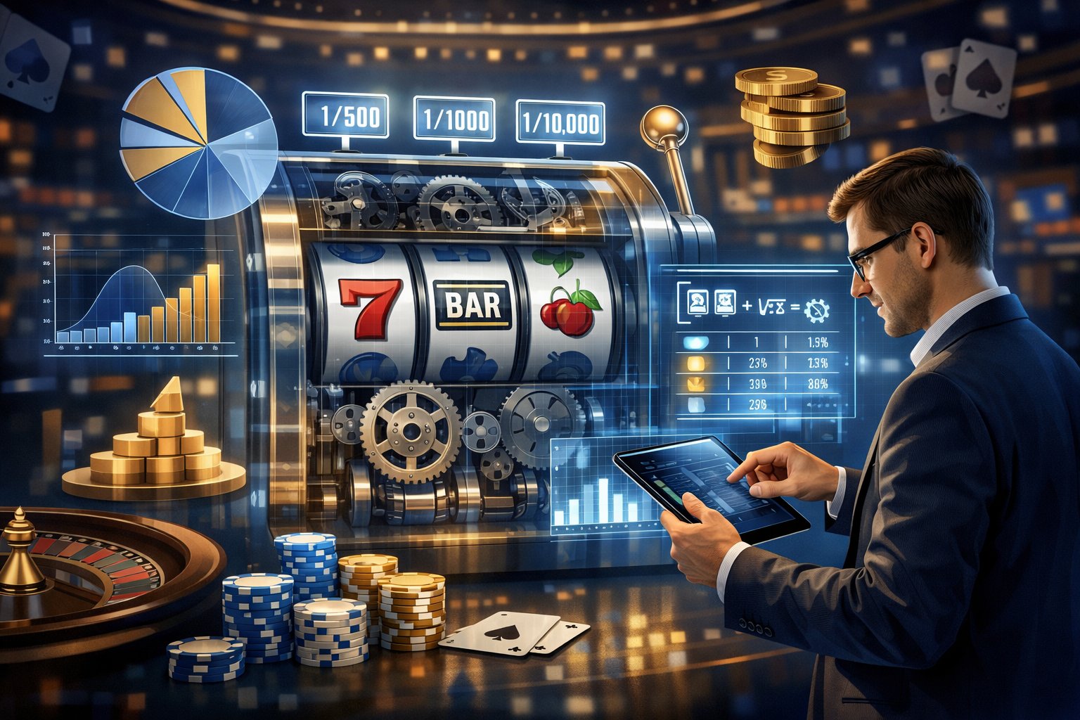 A casino scene showing a slot machine with visible gears and digital counters, charts and graphs floating around, and a person analyzing data with holographic jackpot formulas nearby.
