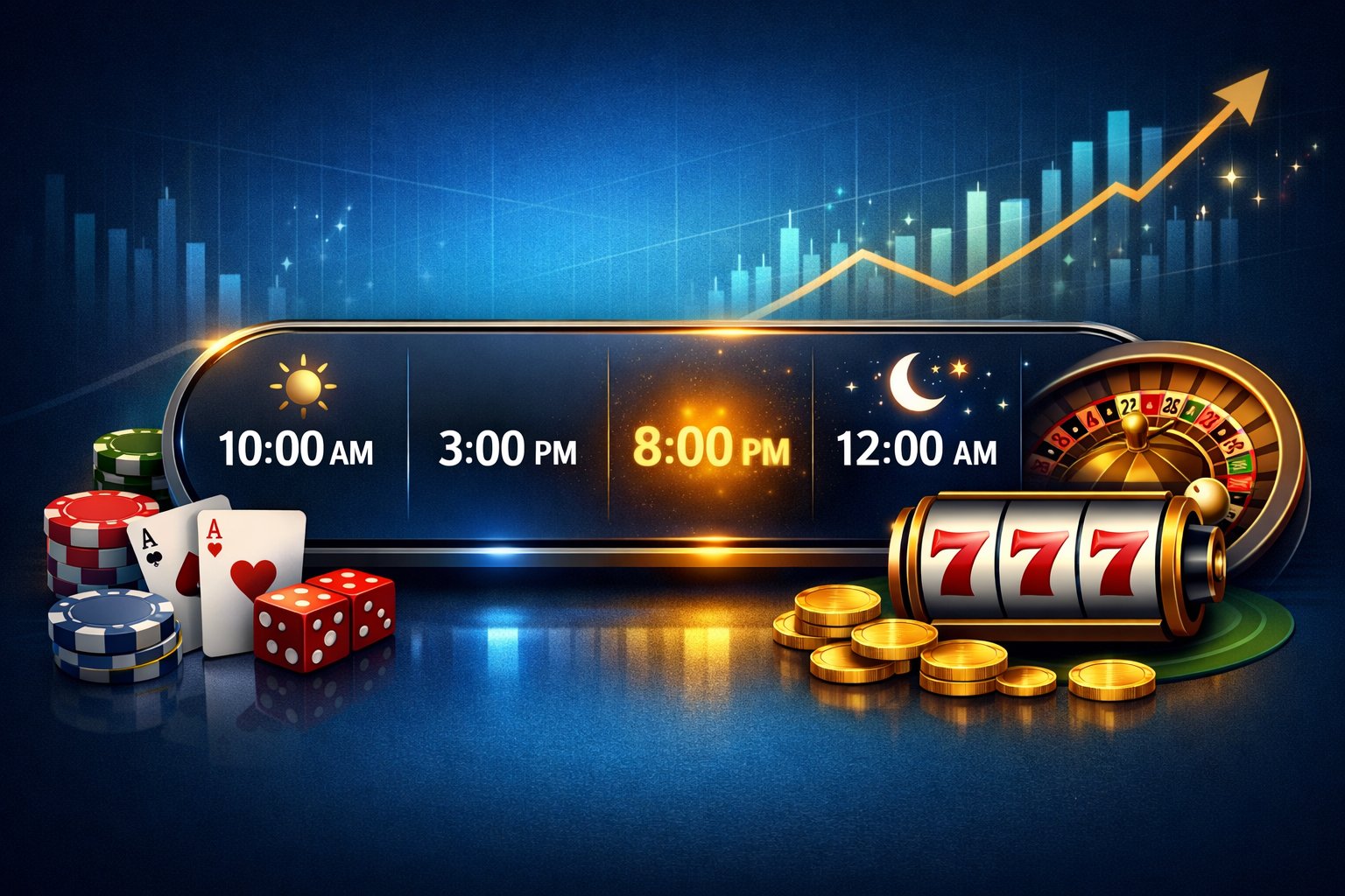 A digital clock showing different times surrounded by casino game elements like poker chips, cards, slot reels, and a roulette wheel with a background graph indicating increasing value.