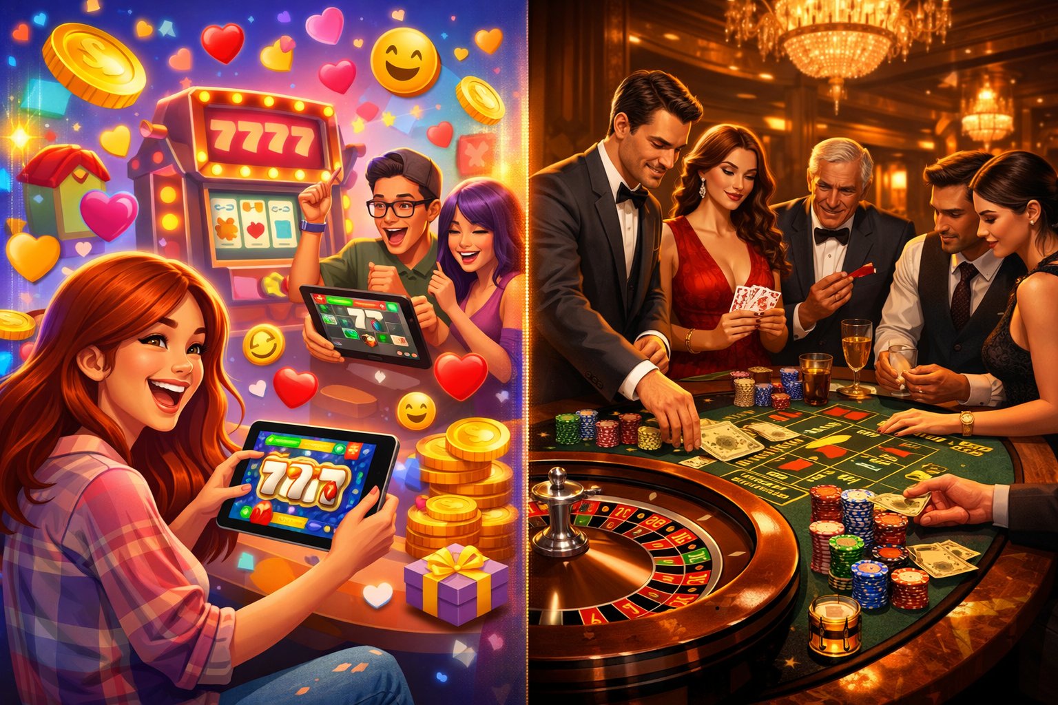A split scene showing people playing virtual casino games on mobile devices on one side and players gambling with chips and cash in a luxurious casino on the other side.