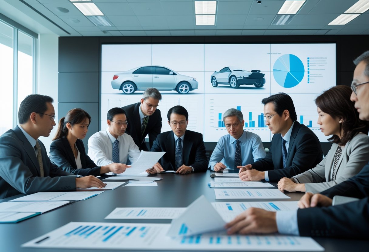 A group of business professionals in a boardroom discussing documents and data about an automotive recall crisis.