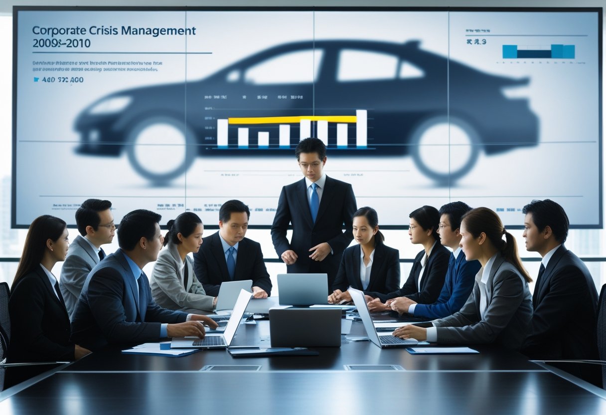 A group of business professionals in a conference room discussing automotive recall data and crisis management.