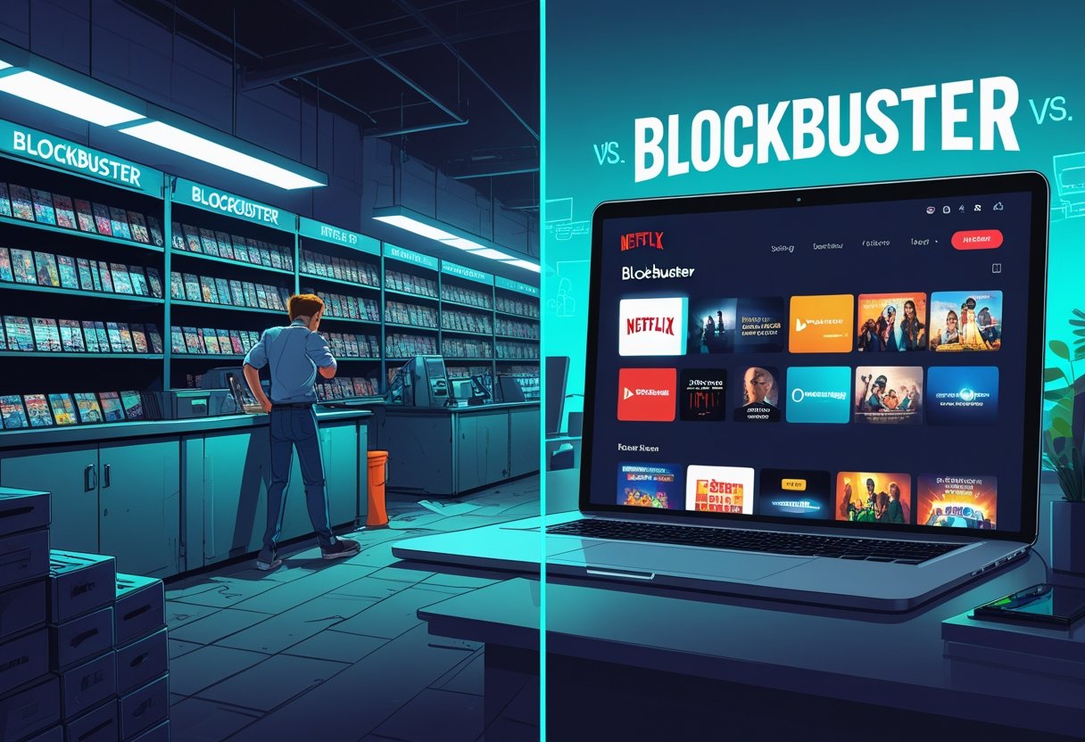 A split scene showing a cluttered, outdated video rental store on one side and a modern digital streaming platform on a laptop screen on the other side, illustrating the contrast between old and new ways of watching movies.