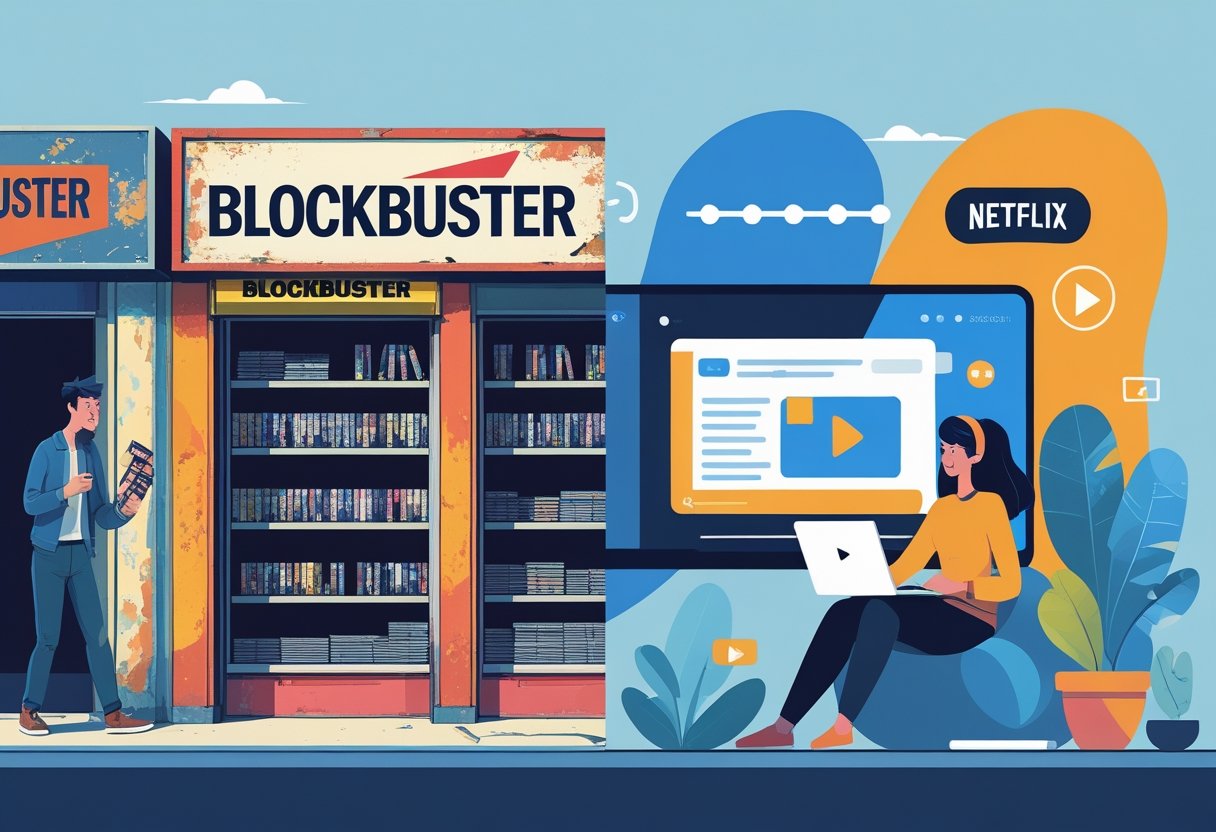 A split scene showing a declining Blockbuster store with empty shelves and a frustrated customer on one side, and a person streaming movies on a laptop surrounded by digital icons on the other side.