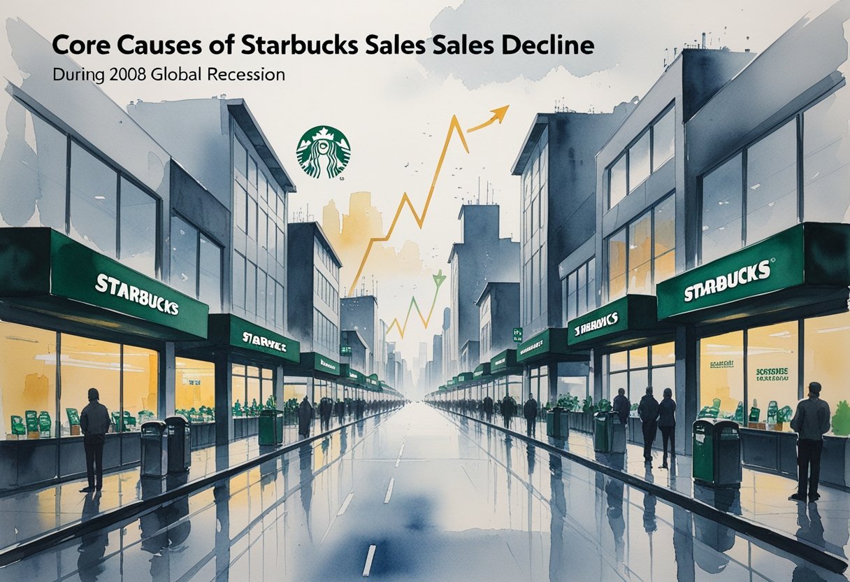 A city street crowded with many coffee shops, some nearly empty, with a gloomy sky and faint falling graphs in the background symbolizing economic decline.