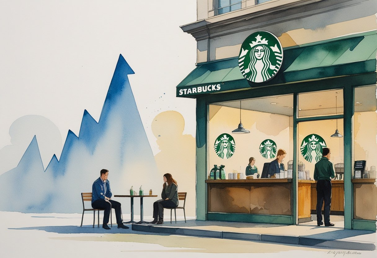 A Starbucks store with few customers inside and a barista looking thoughtful, with a faint downward graph in the background symbolizing sales decline.