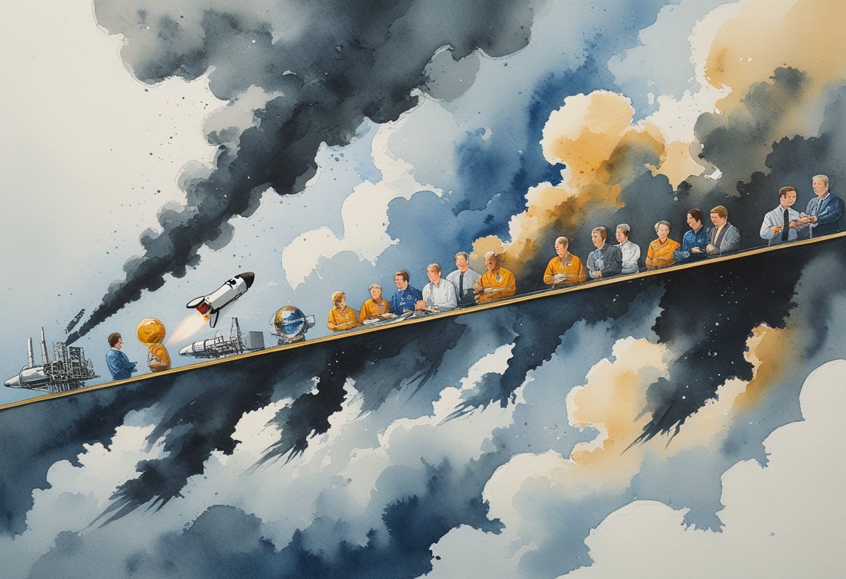 A series of scenes showing a space shuttle launch, an explosion in the sky, scientists discussing, and symbols of safety improvements arranged in a timeline.