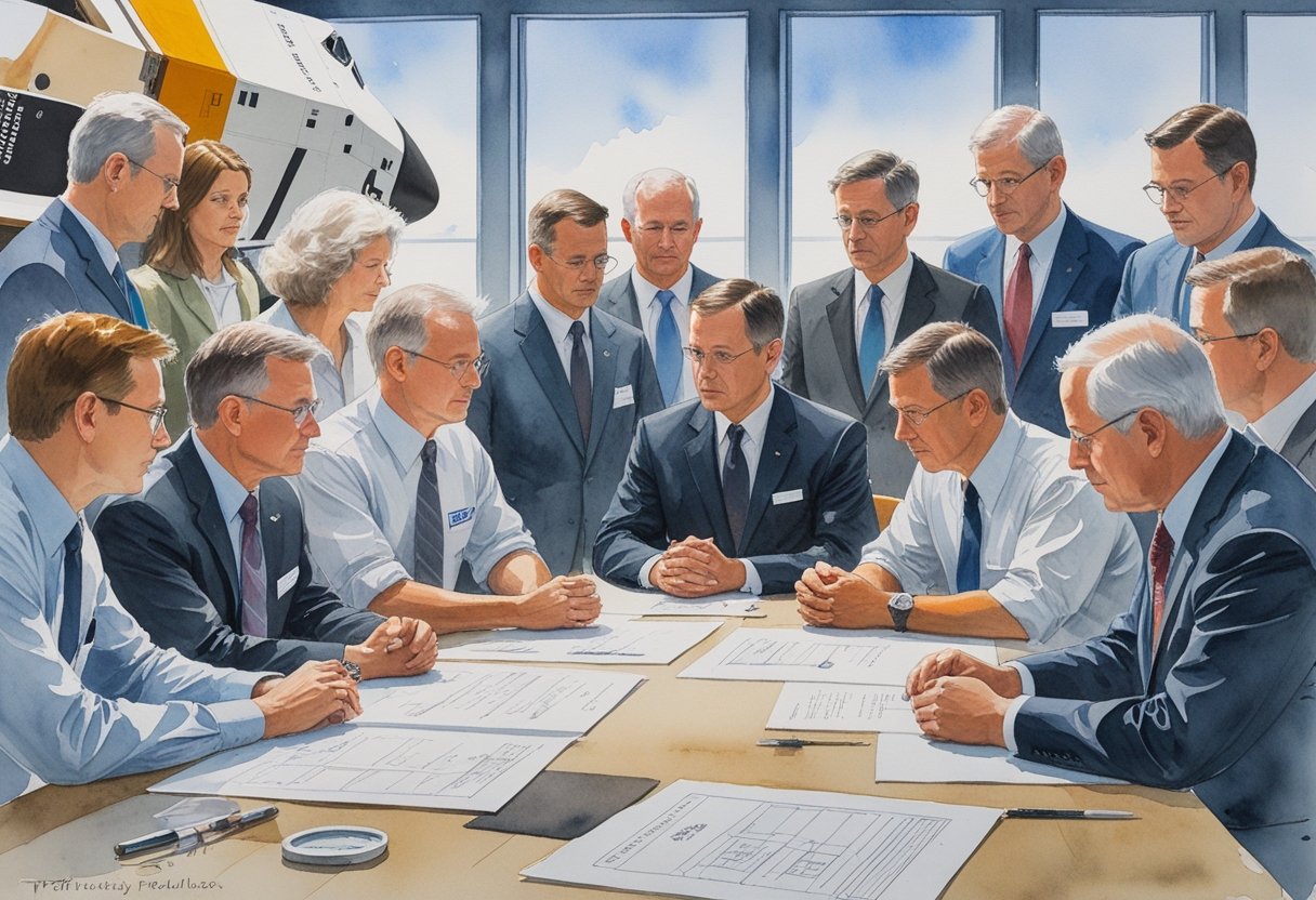 A group of people including engineers, NASA officials, and family members gathered indoors discussing the Challenger disaster and safety reforms, with a space shuttle model and blueprints in the background.