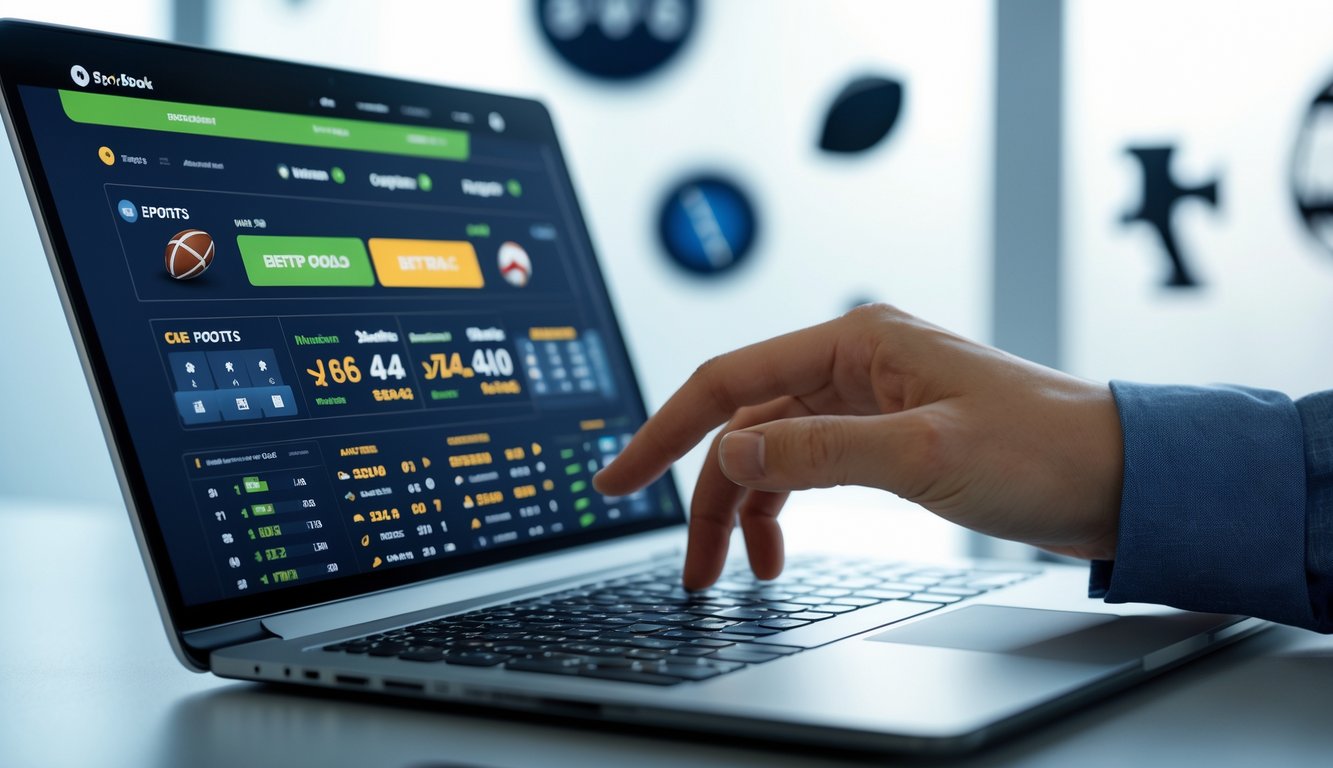 Seseorang menggunakan laptop dengan tampilan antarmuka taruhan olahraga online yang menampilkan peluang taruhan dan ikon olahraga di latar belakang.