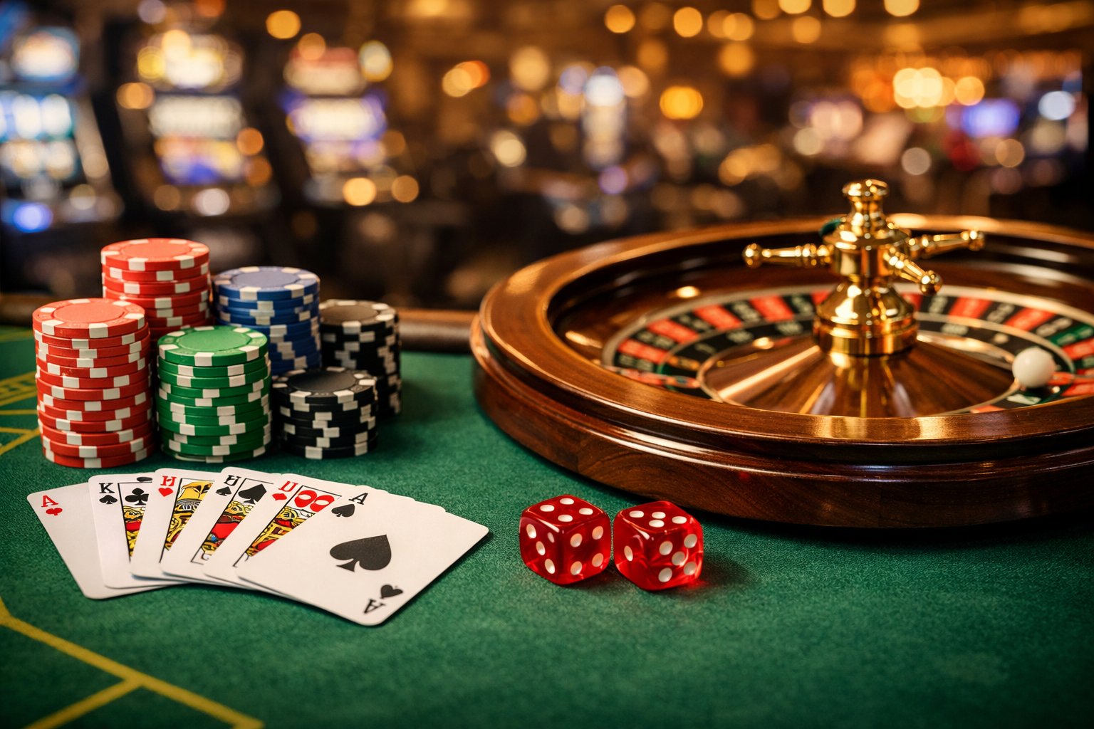 Casino table with poker chips, playing cards, roulette wheel, and dice in a casino setting.