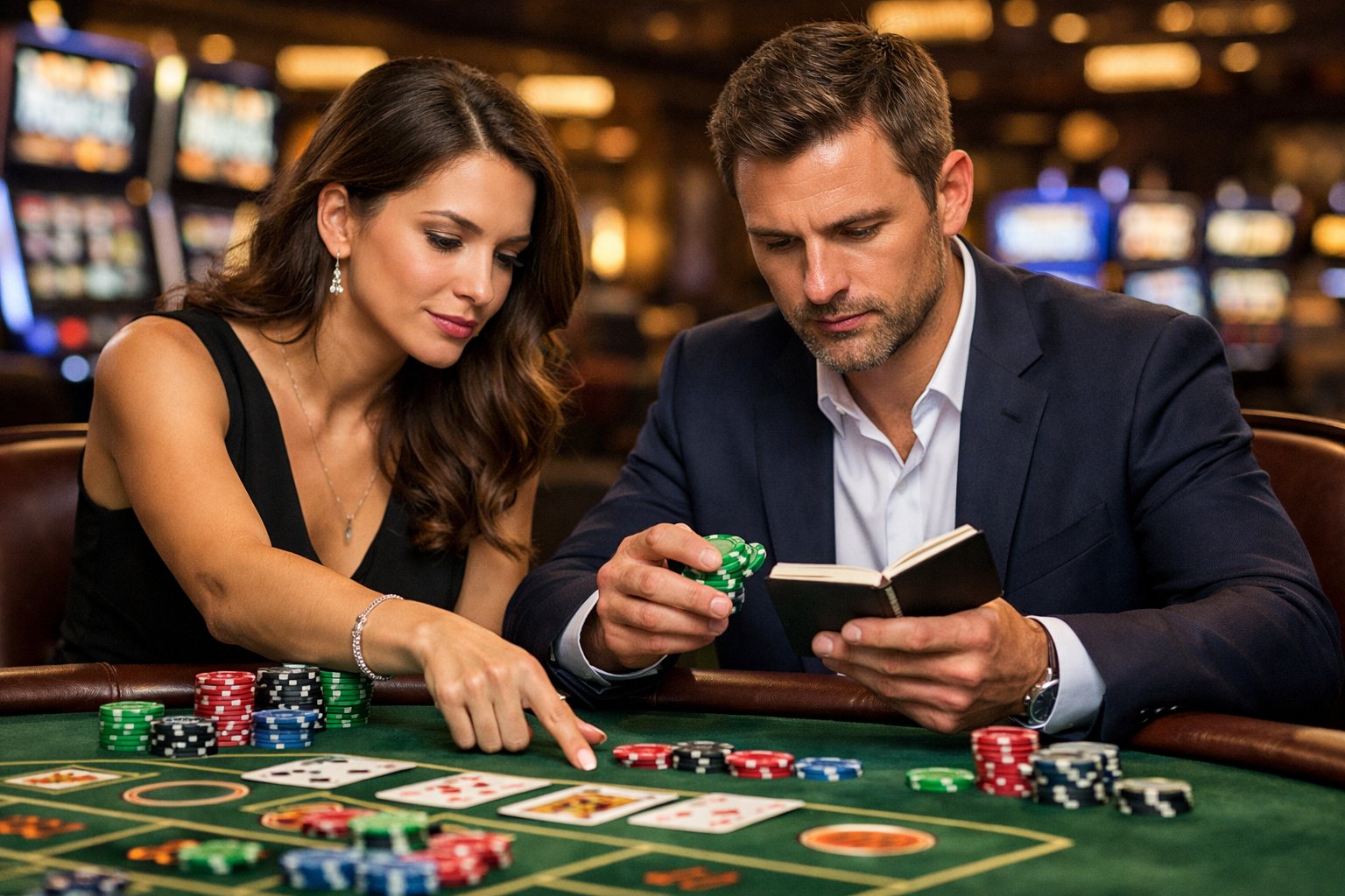 A man and woman at a casino table reviewing poker chips and cards, appearing focused and thoughtful.