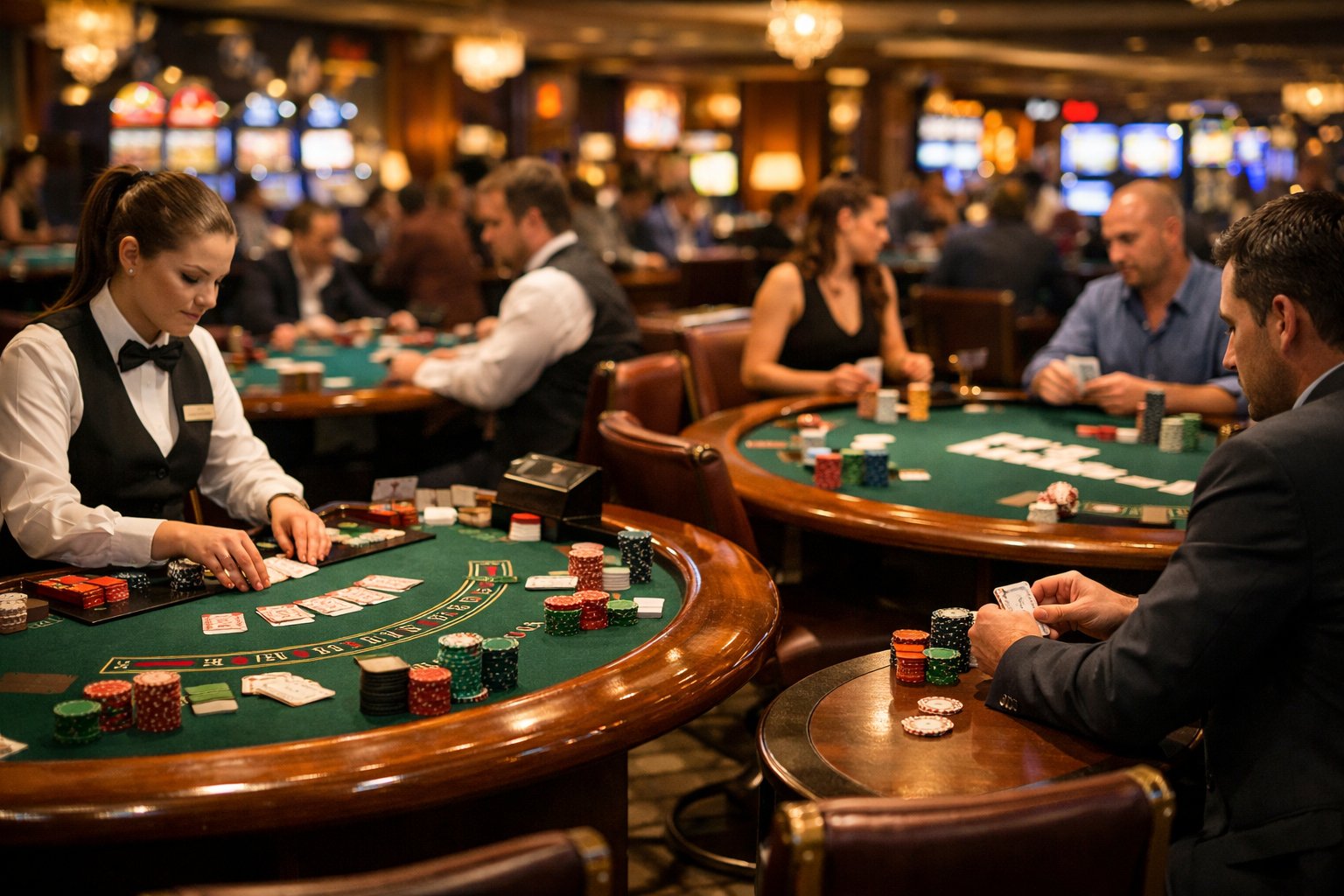 A casino floor with multiple gaming tables where players and dealers are engaged in card games.