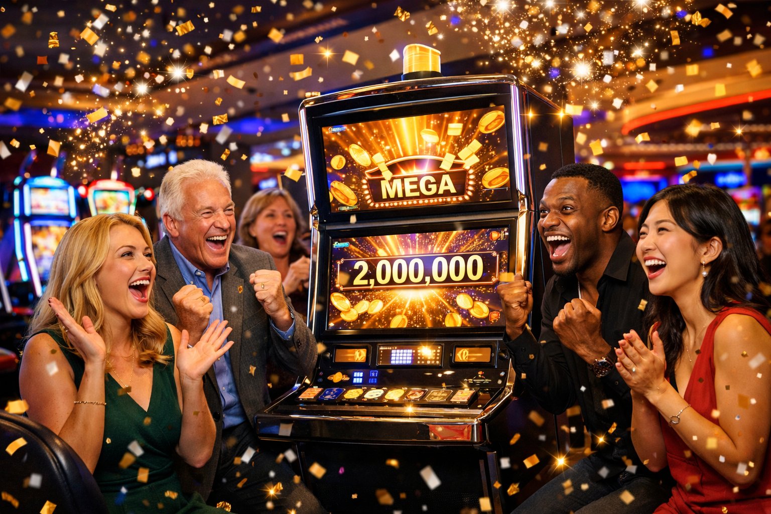 A group of excited people celebrating a big jackpot win at a slot machine inside a casino.