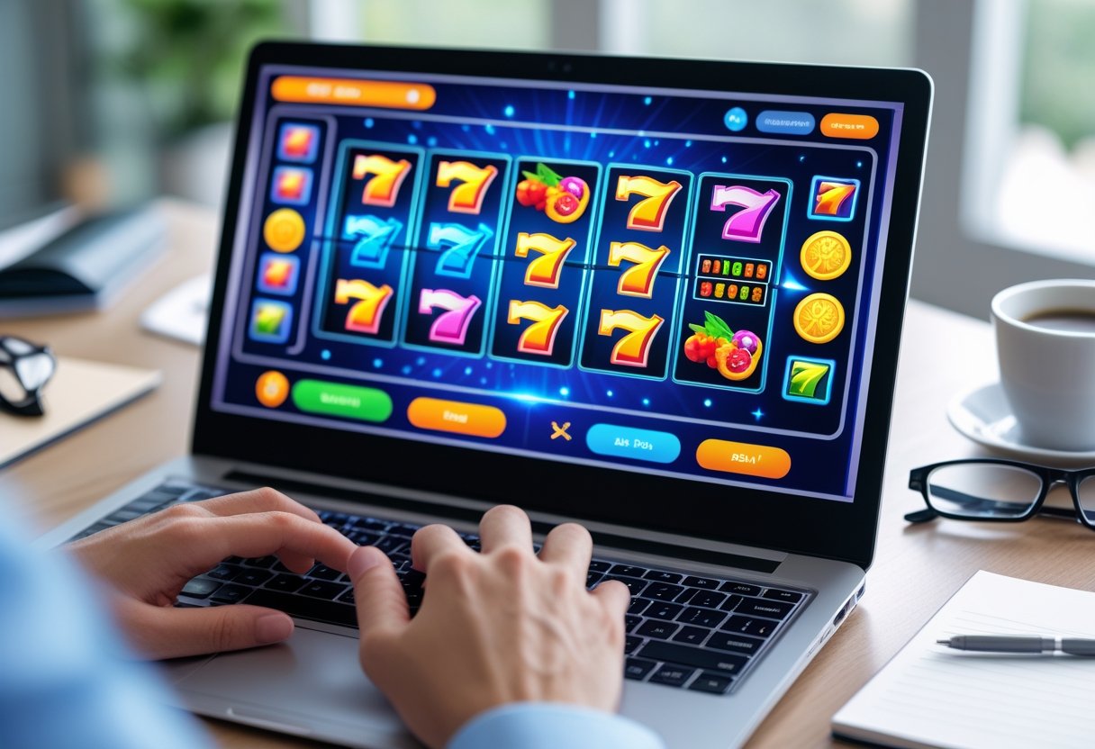 Hands interacting with a laptop displaying an online slot machine game in a bright, tidy workspace.