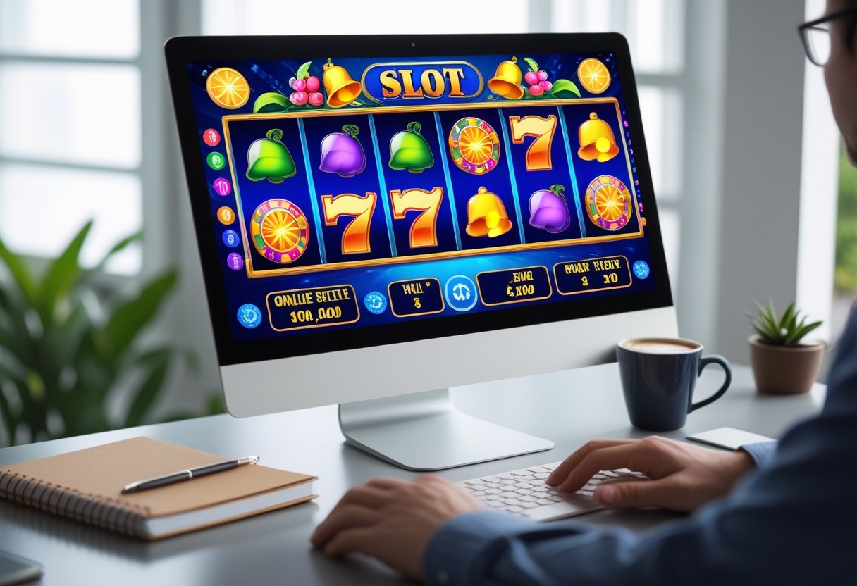A laptop displaying an online slot game with spinning reels, surrounded by a notebook, pen, and coffee cup on a clean desk.