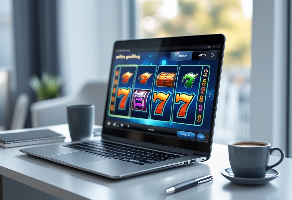 A person playing an online slot machine game on a laptop at a tidy desk with a cup of coffee and a notepad nearby.