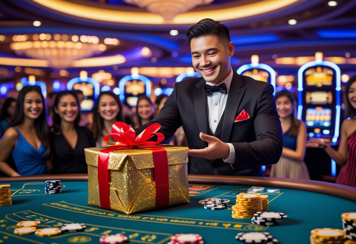 A casino host hands a wrapped gift box to a smiling person amid casino chips and slot machines.