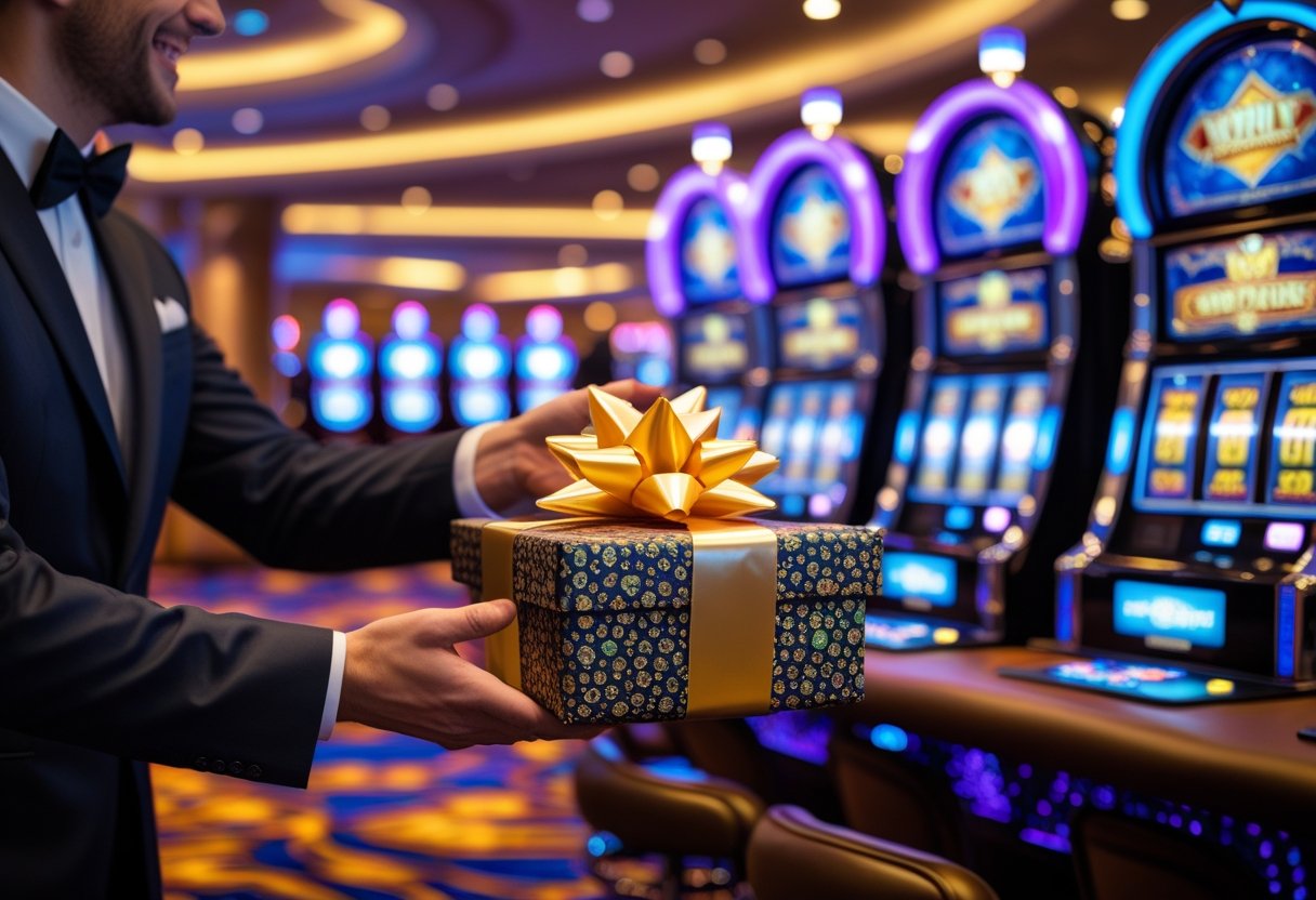 A casino employee giving a wrapped gift box to a happy guest inside a casino with slot machines in the background.