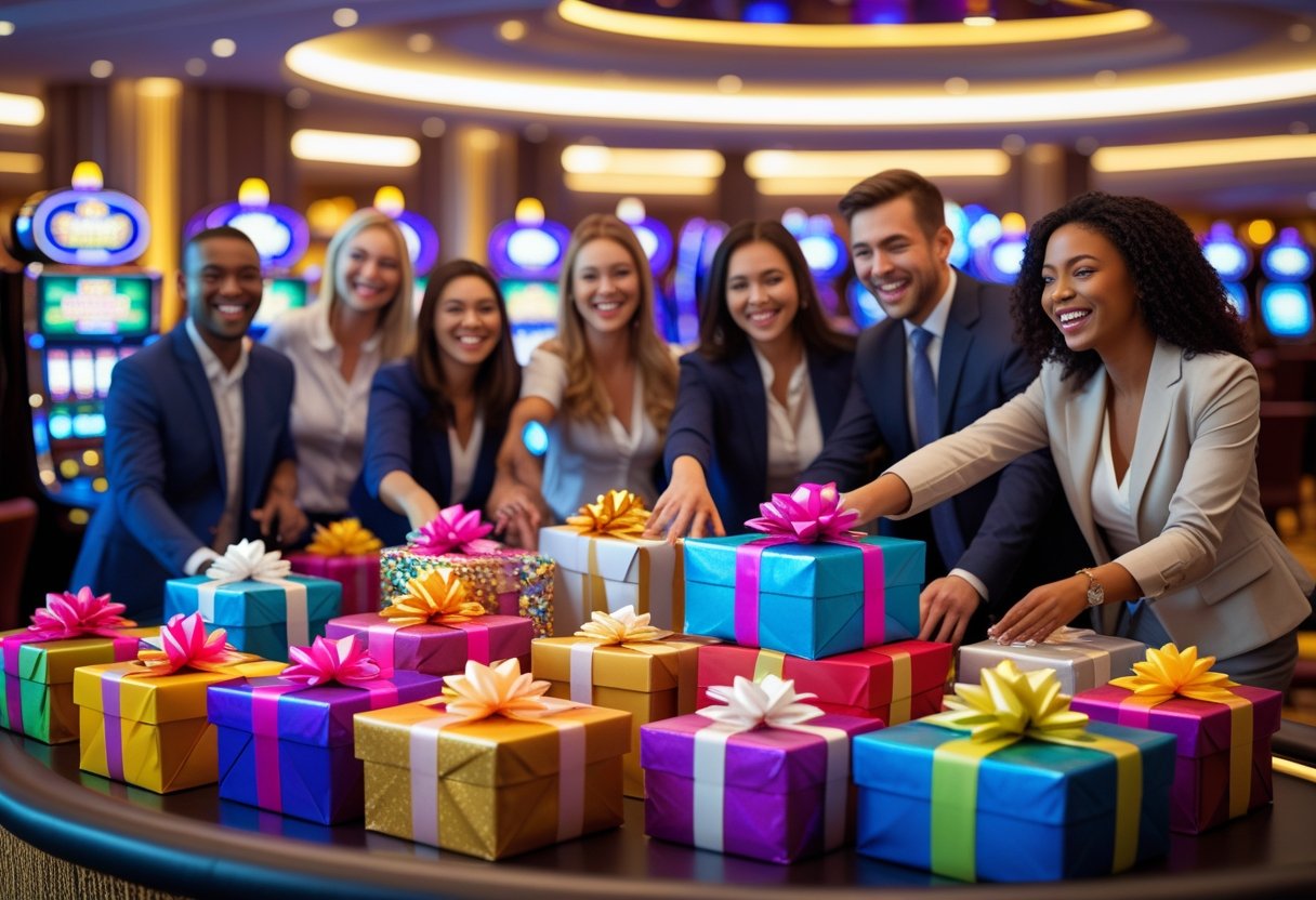 People happily reaching for wrapped gift boxes on a table inside a casino with slot machines in the background.