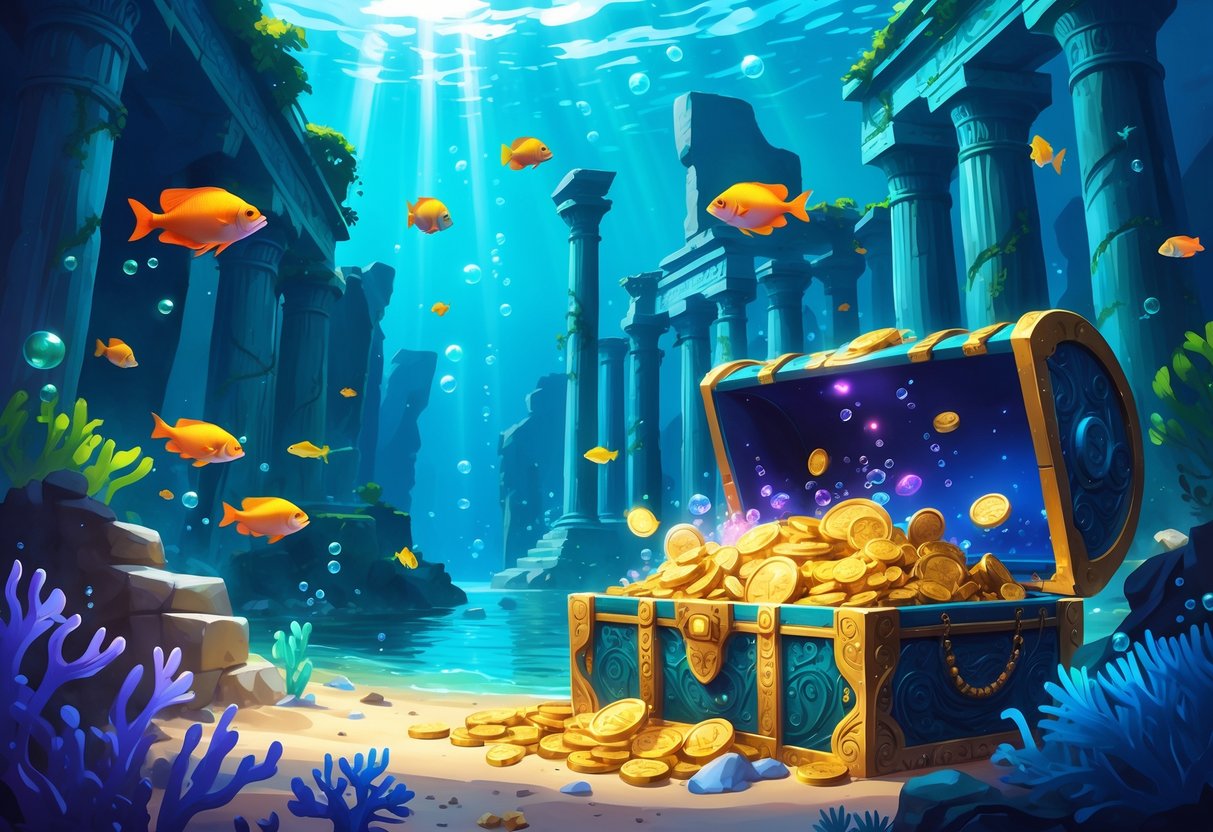 Pemandangan bawah laut dengan kota kuno Atlantis, peti harta karun terbuka berisi emas dan permata, dikelilingi ikan warna-warni dan reruntuhan bangunan kuno.