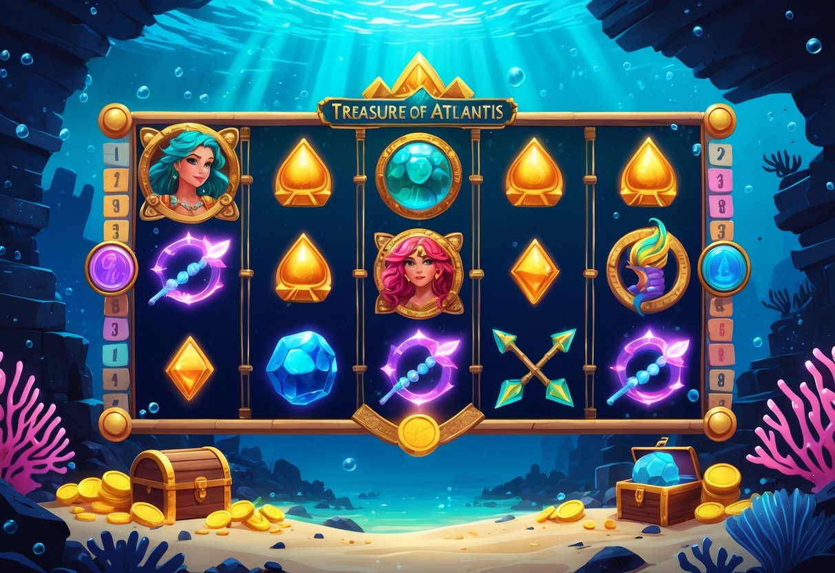 Ilustrasi bawah laut dengan harta karun, terumbu karang, dan gulungan slot yang menampilkan simbol-simbol laut seperti mutiara, koin emas, dan makhluk mitos.