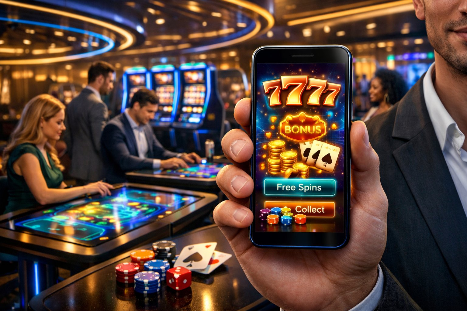 A diverse group of people in a modern casino using digital slot machines and a person holding a smartphone with a casino app.