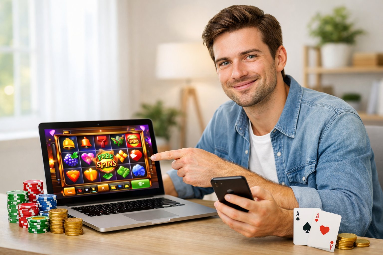 A young adult sitting at a desk using a laptop and smartphone with poker chips and playing cards nearby.