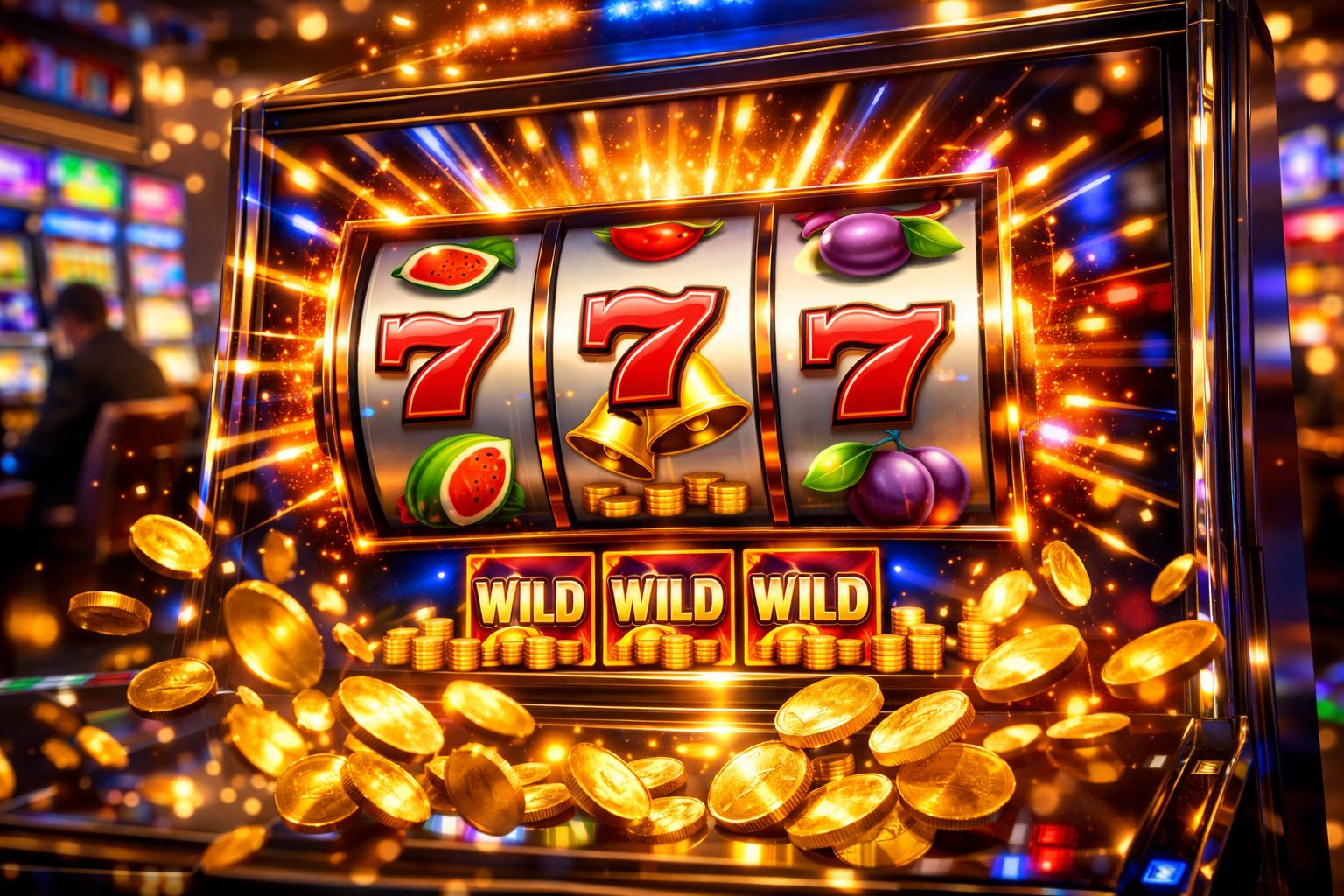 Close-up of a slot machine with spinning reels and bright lights indicating a bonus free spins round in a casino setting.