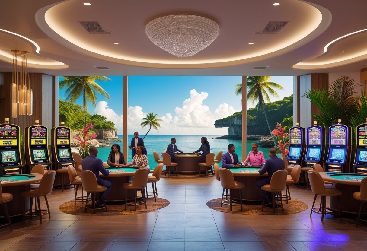 A modern casino interior with people playing games and tropical scenery visible through large windows.