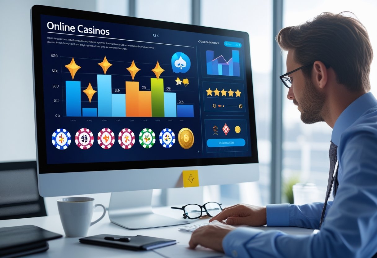 A person in an office looking at a computer screen showing colorful charts and casino-related icons.