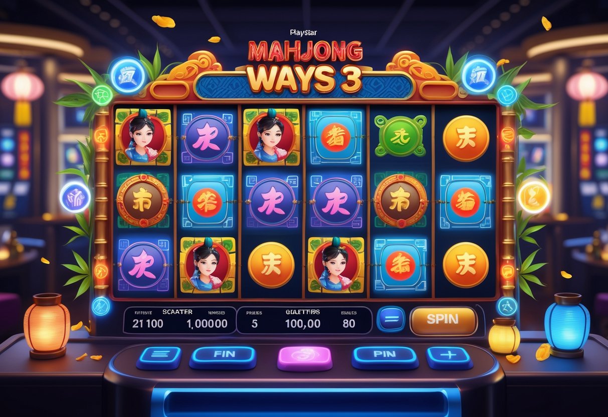 Ilustrasi mesin slot dengan simbol Mahjong yang berwarna-warni dan elemen permainan seperti wild, scatter, dan putaran gratis dalam suasana kasino modern.