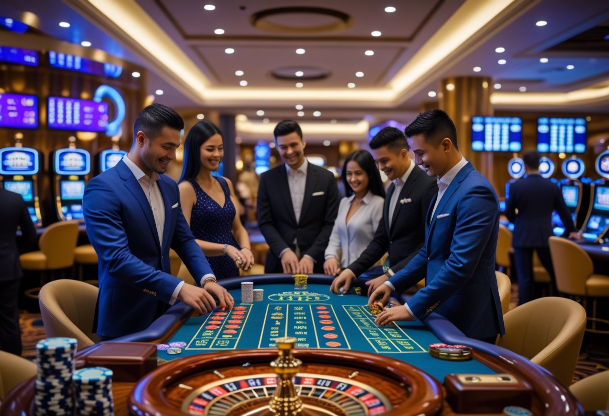 A diverse group of people playing casino games in a luxurious international casino setting.