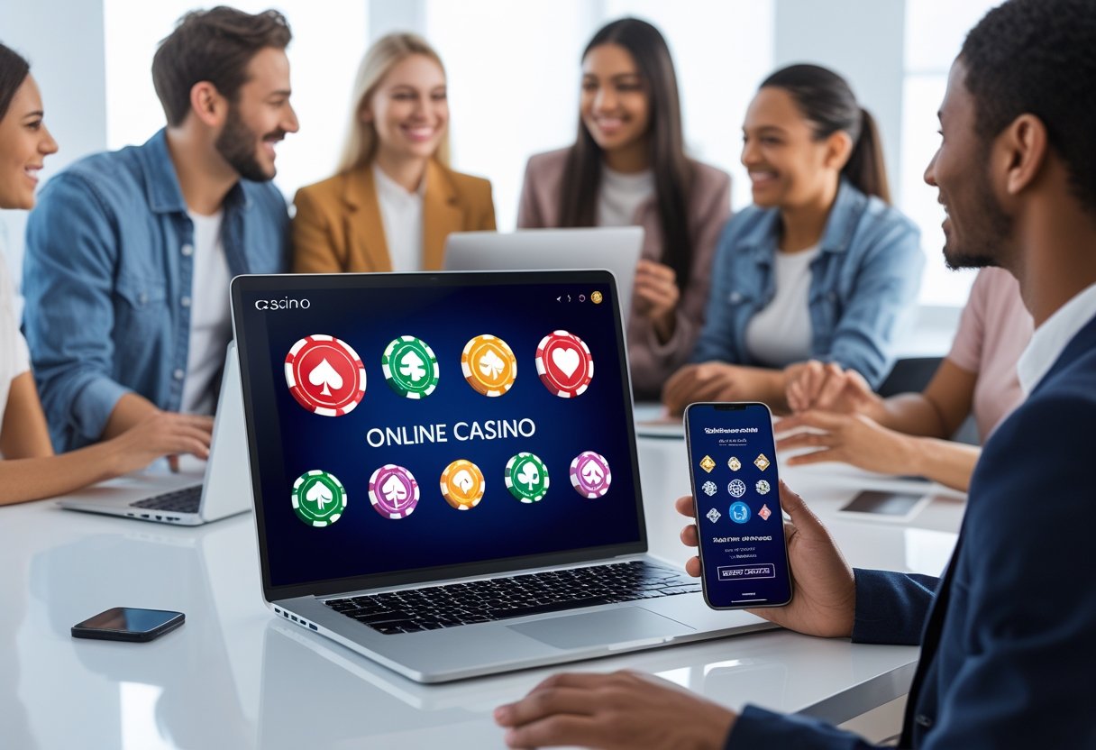 People using laptop and smartphone to play online casino games in a bright modern room.