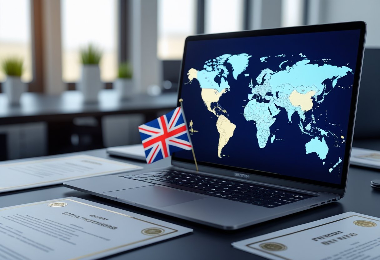 A laptop on a desk showing a world map with highlighted countries, official documents and a small British flag nearby in an office setting.