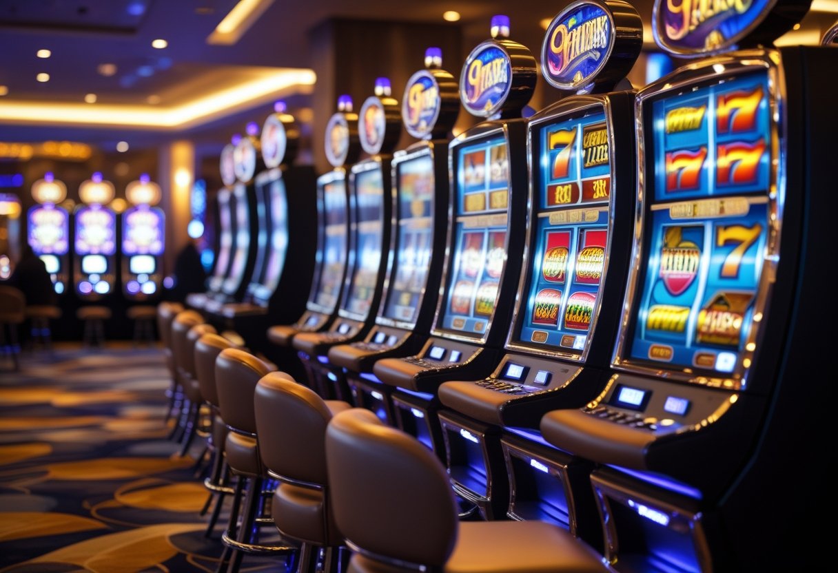 A row of illuminated slot machines in a casino with padded stools and colorful game screens.