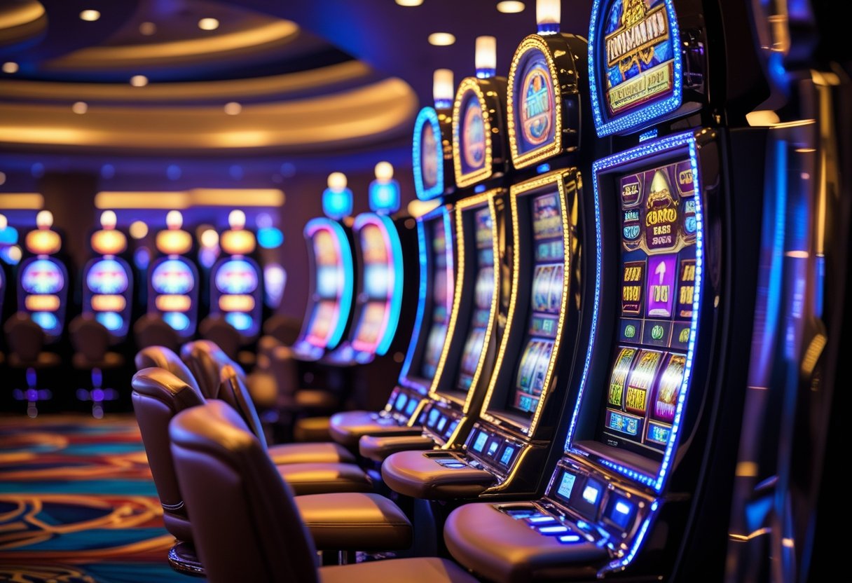 A row of modern slot machines with colorful lights and digital displays inside a casino.