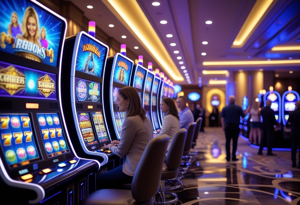 Adults playing and interacting with modern slot machines in a bright casino environment.
