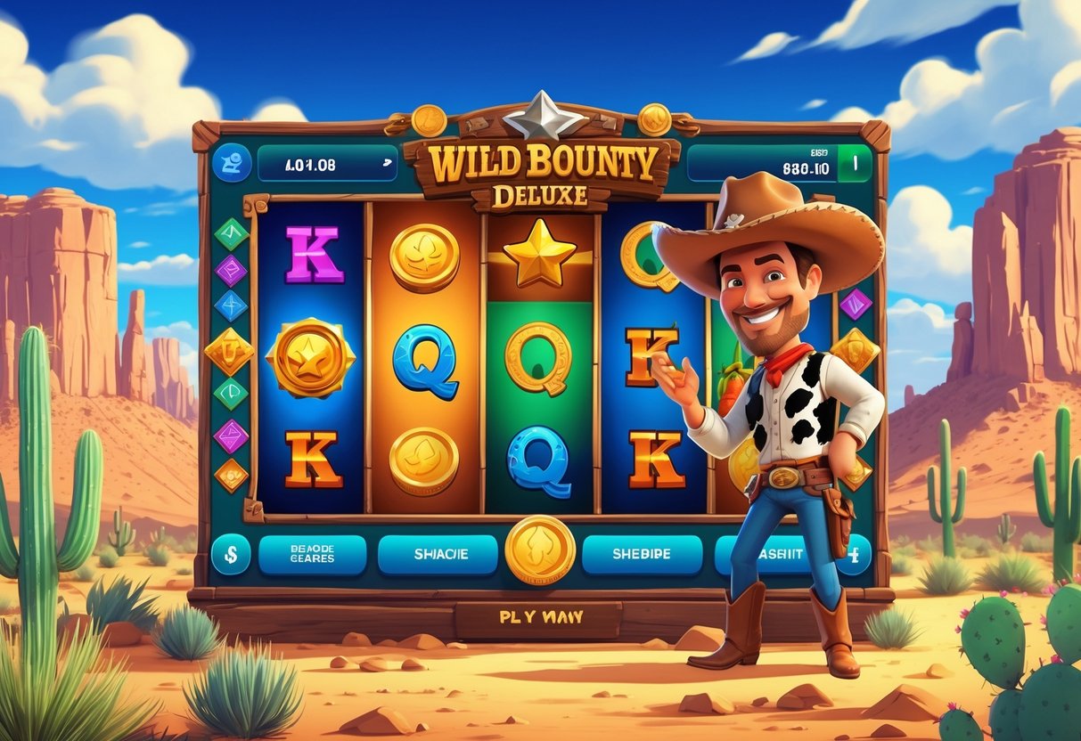 Ilustrasi seorang koboi yang sedang bermain permainan slot online dengan latar belakang gurun dan simbol bertema koboi.