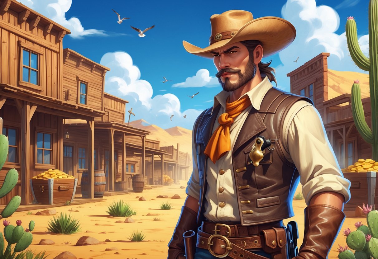 Seorang pemburu hadiah di kota gurun dengan bangunan kayu dan tanaman kaktus di latar belakang.