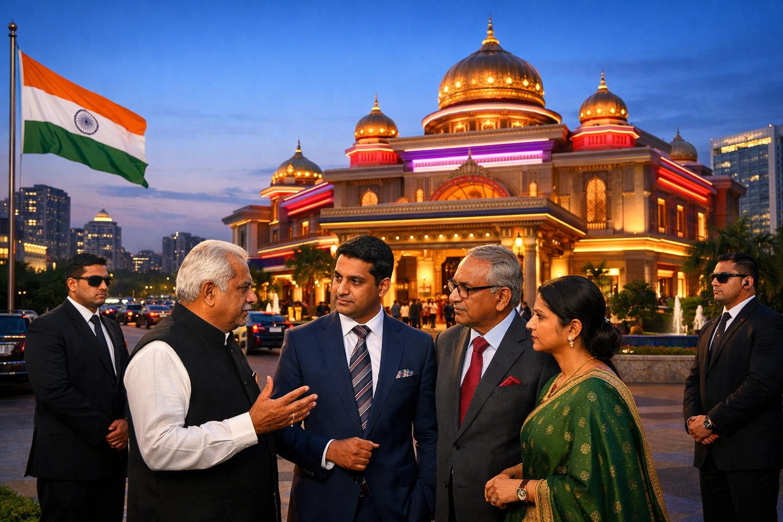 A modern casino building in India with politicians and business executives discussing in front, with security personnel nearby and an urban cityscape in the background.
