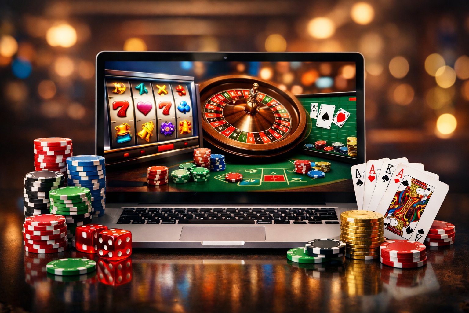 A computer screen displaying different online casino games including slots, roulette, and card tables, with poker chips and playing cards nearby.