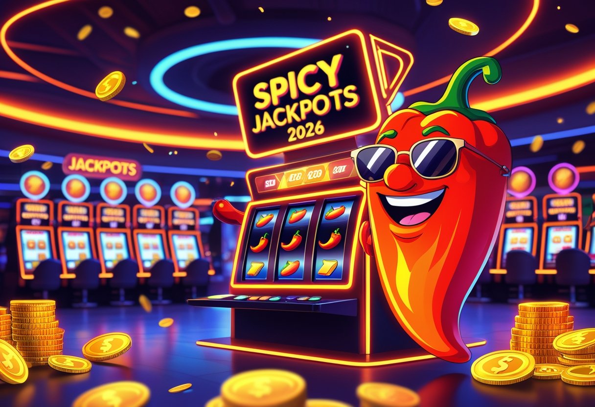 A lively casino interior with glowing slot machines, a smiling chili pepper character next to a spinning slot machine, and sparkling coins and chips floating in the air.